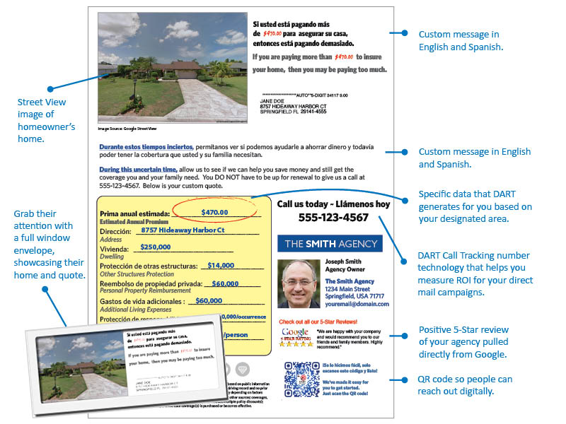 Bilingual street view homeowner insurance letter
